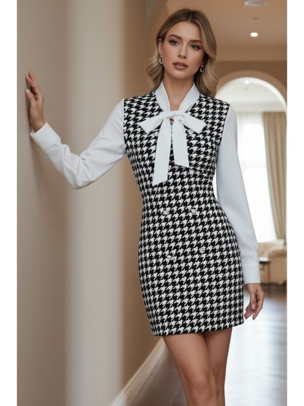 Houndstooth Bow Oversized Tie Neck Double-Breasted Button Dress Button Mini Dres